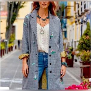 NWT Sundance Gray Checked Trench Coat with Floral Embroidery
